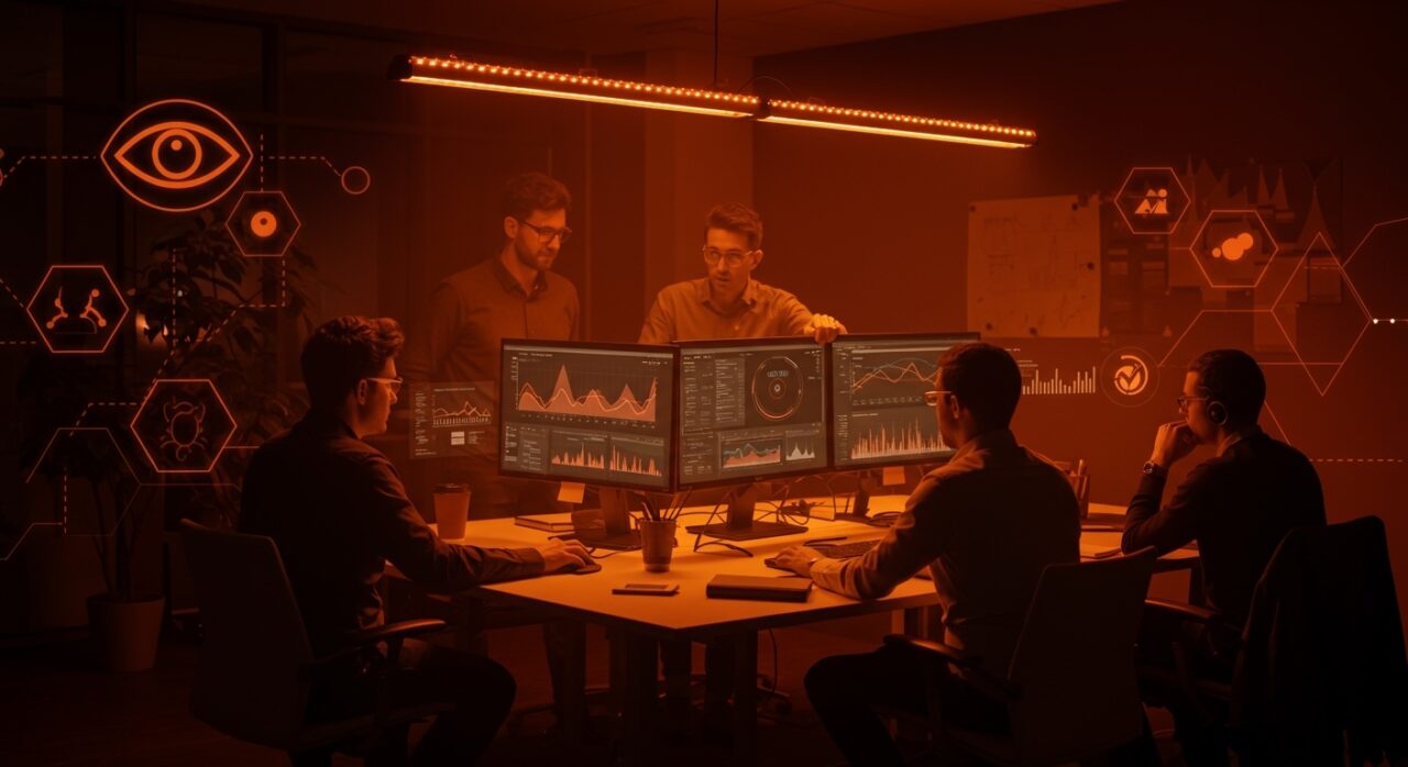 Equipo de startup trabajando bajo iluminación LED naranja que mejora la salud ocular y la productividad laboral.