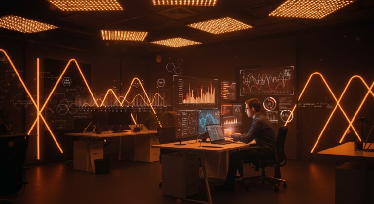 Iluminación LED en oficina tecnológica impactando el rendimiento visual y salud visual de startups en ambiente moderno y profesional.