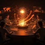 Emprendedores latinos colaborando en tecnología avanzada, simbolizando aceleración, internacionalización y funding de startups con Impacta VC.