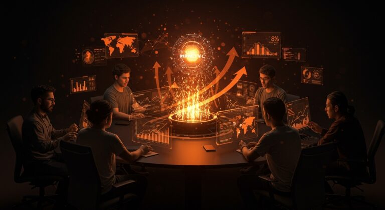 Emprendedores latinos colaborando en tecnología avanzada, simbolizando aceleración, internacionalización y funding de startups con Impacta VC.