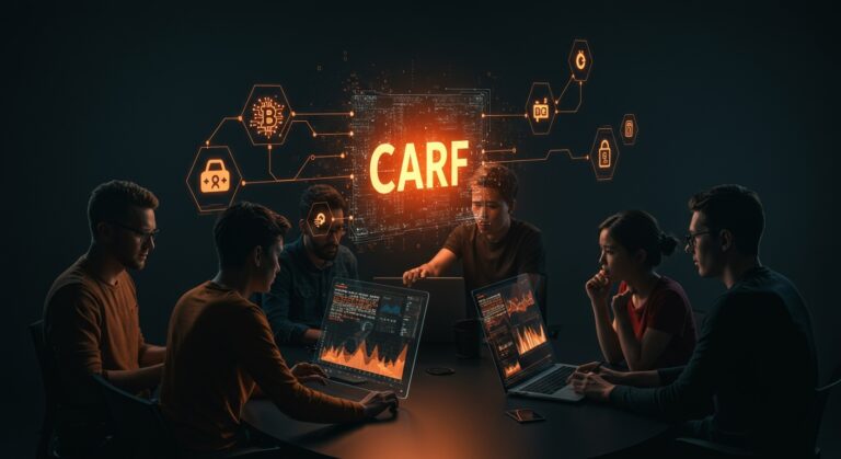 Startups fintech y cripto enfrentando retos del CARF con innovación en automatización KYC y regtech en un entorno colaborativo.