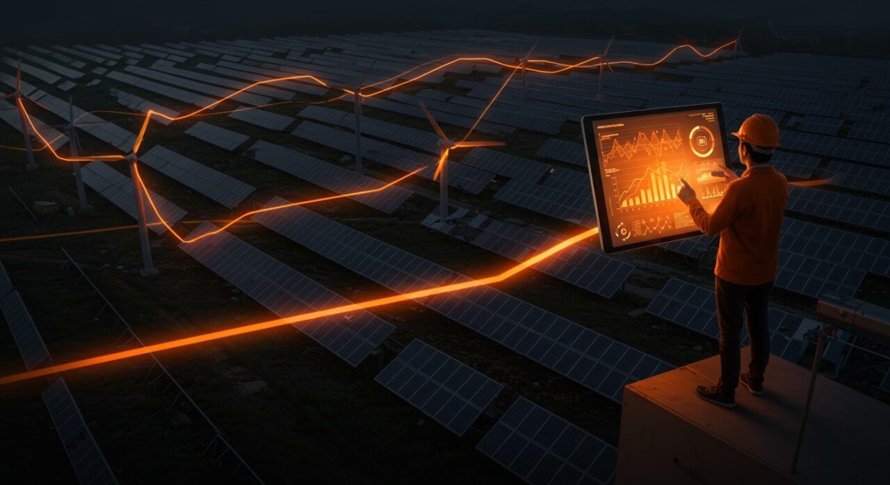 Vista aérea de campos solares y eólicos en China destacando el impacto y oportunidades de la energía renovable para emprendedores tecnológicos.