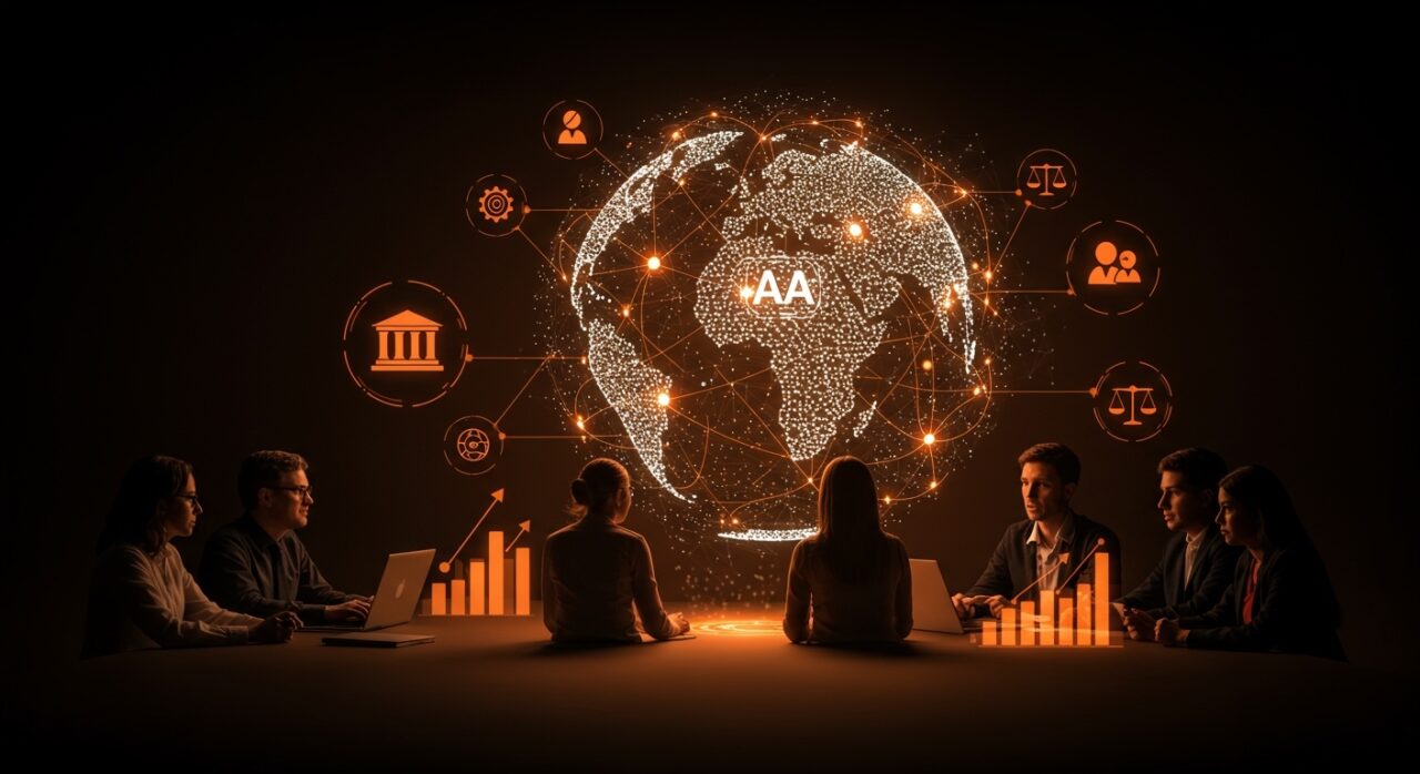 Fundadores y líderes institucionales interactuando con una holografía de red neuronal IA que simboliza la ética, democracia e impacto social en Latinoamérica.