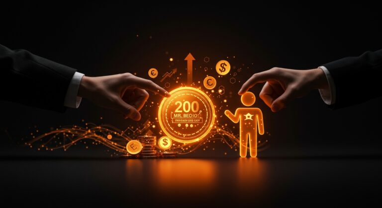 Inversión de fintech de 200 millones de dólares en MrBeast representada con metáforas visuales de economía digital y criptomonedas.