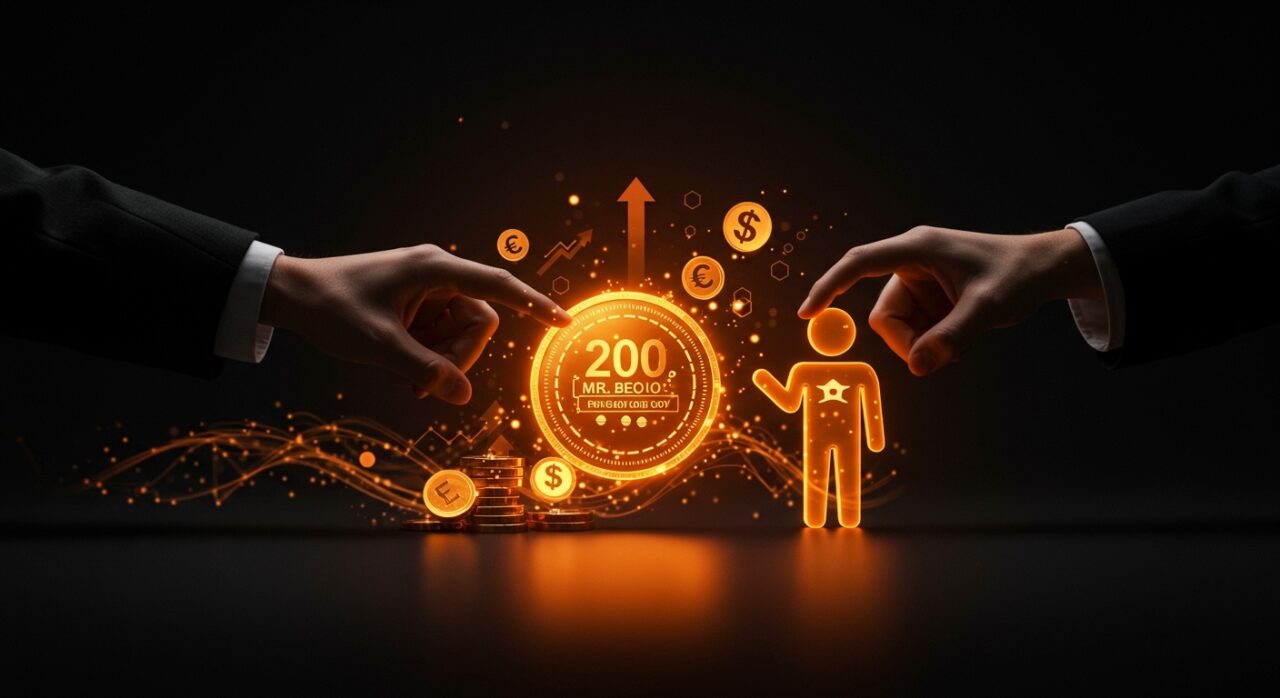 Inversión de fintech de 200 millones de dólares en MrBeast representada con metáforas visuales de economía digital y criptomonedas.