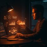Founder de startup tecnológica analizando datos vLLM en espacio futurista, simbolizando financiamiento y escalabilidad en inteligencia artificial.
