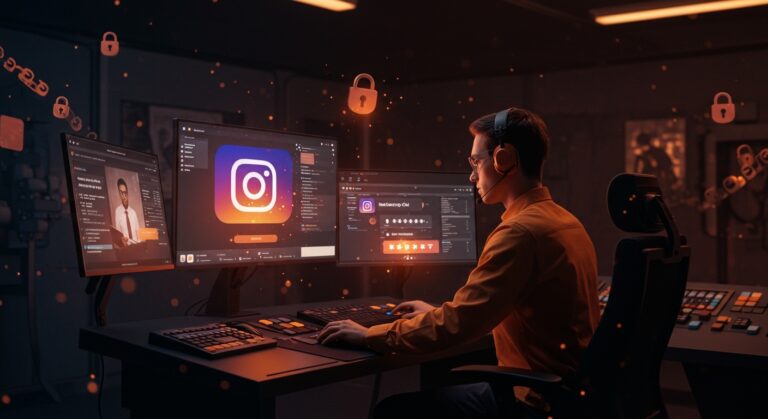 Expertos en ciberseguridad en acción monitoreando reseteos de contraseña en Instagram, destacando alerta sin brecha en plataformas digitales.