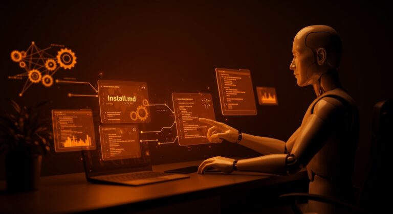Representación visual de Install.md para instalación automatizada de software mediante modelos de lenguaje LLM en ecosistema startup con colores naranja y negro.
