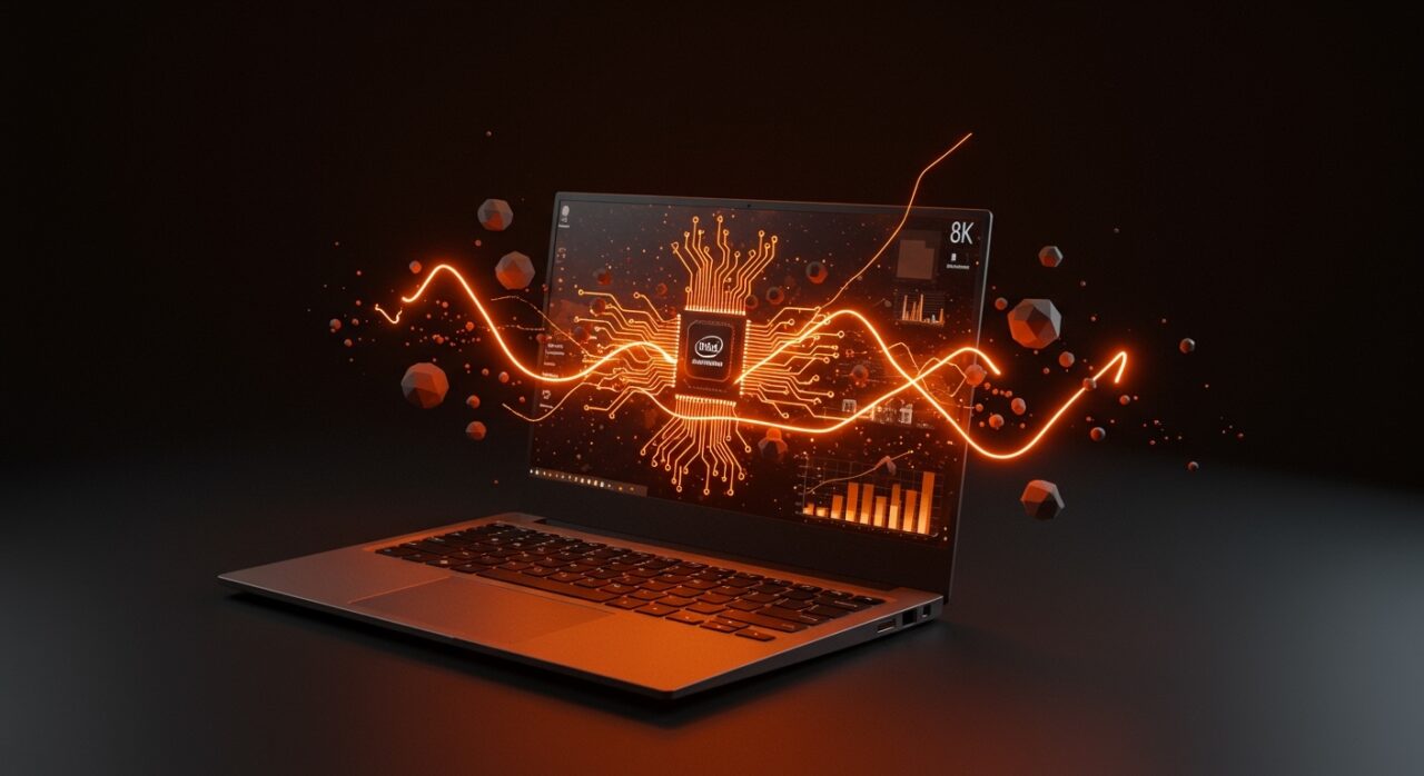 Laptop moderno con gráficos digitales y efectos de luz naranja y negro representando la innovación y rendimiento de los procesadores Intel Panther Lake para laptops Windows.
