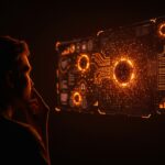 Fundador tech frente a interfaz digital con inteligencia artificial agéntica y gobernanza de IA en contexto de startups y automatización.