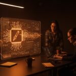 Colaboración de founders usando inteligencia artificial en la escritura creativa con interfaz digital futurista y metáforas tecnológicas.