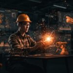 Ingeniero interactuando con interfaces holográficas de inteligencia artificial mostrando la transformación de empleos de ingeniería con automatización y tendencias de mercado.