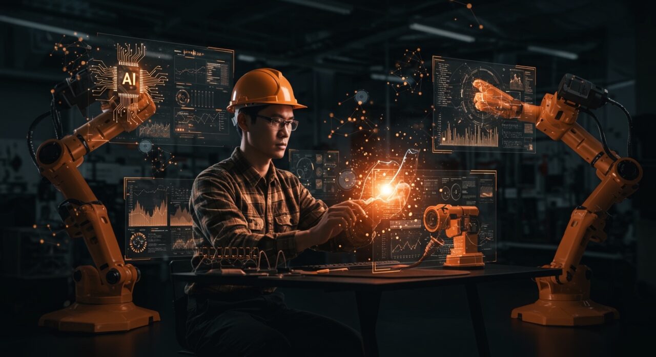 Ingeniero interactuando con interfaces holográficas de inteligencia artificial mostrando la transformación de empleos de ingeniería con automatización y tendencias de mercado.