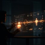 Inteligencia artificial aplicada a la traducción automática mostrando la interacción entre humanos y tecnología en un entorno digital futurista.