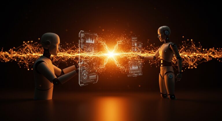 Interacción colaborativa entre humano e inteligencia artificial en tiempo real, representando la IA aplicada con intelition en startups.