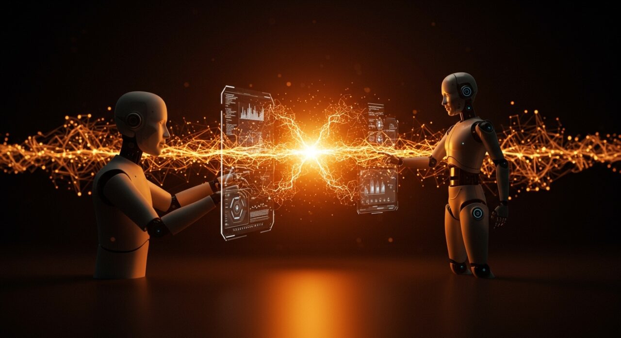 Interacción colaborativa entre humano e inteligencia artificial en tiempo real, representando la IA aplicada con intelition en startups.