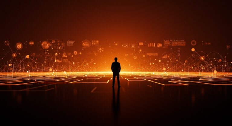 Líder frente a un horizonte digital que simboliza el internet post-americano, soberanía digital e interoperabilidad para startups LATAM.