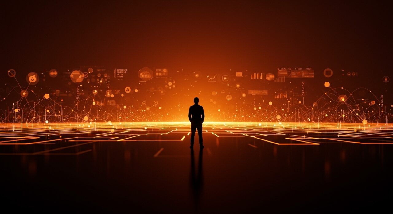 Líder frente a un horizonte digital que simboliza el internet post-americano, soberanía digital e interoperabilidad para startups LATAM.