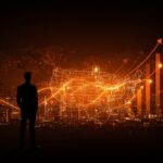 Crecimiento de inversión global en startups impulsada por inteligencia artificial y Estados Unidos, simbolizado por una silueta emprendedora frente a un paisaje digital luminoso.