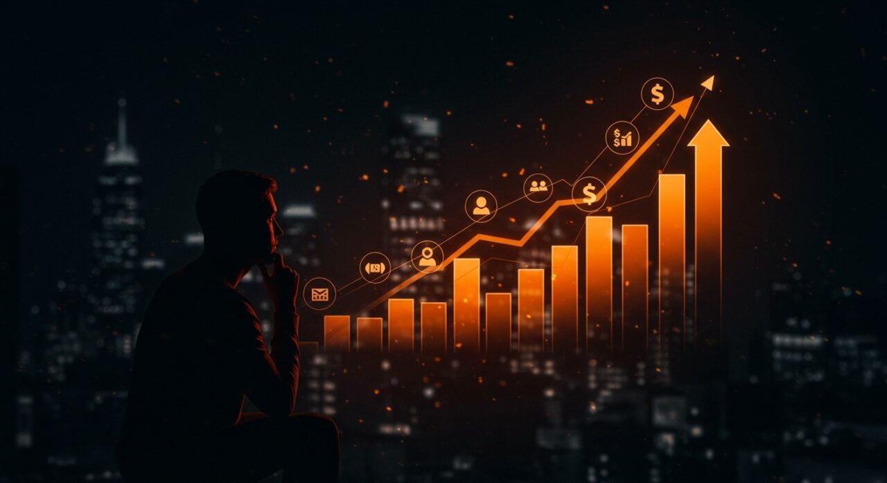 Inversión pasiva influyendo en una burbuja bursátil representada por barras gráficas luminosas y una silueta de fundador en un paisaje financiero digital.