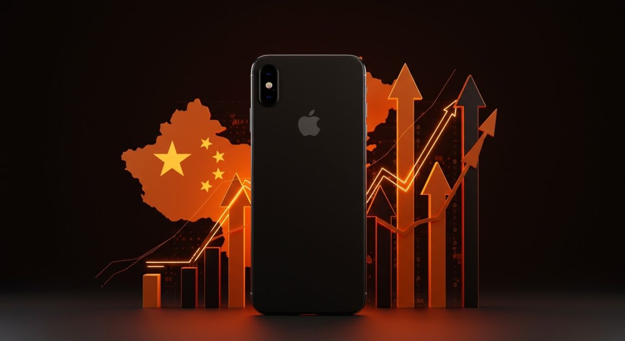 iPhone destacándose con mapas digitales de China e India, simbolizando récord de ventas y crecimiento tecnológico de Apple.