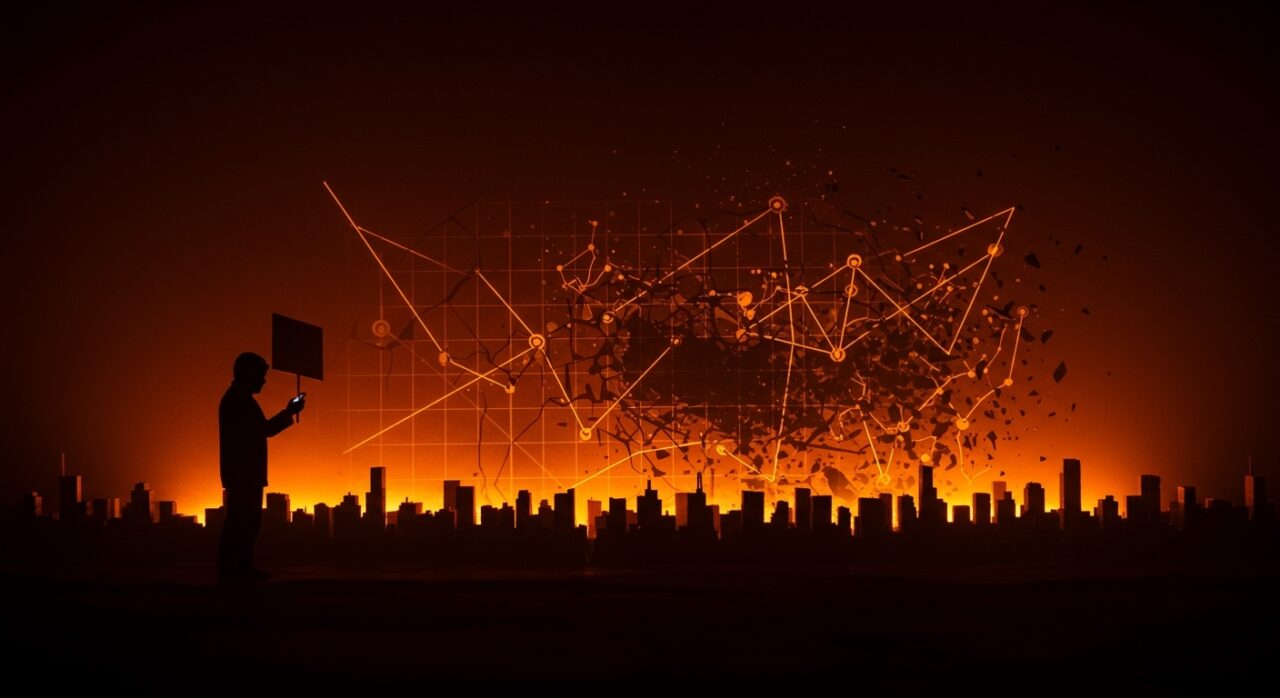 Apagón de internet en Irán durante protestas, ilustrando censura digital y control gubernamental en el contexto tecnológico y de tendencias de mercado.