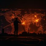 Simulación de restauración de internet en Irán con tráfico de red falso representando censura digital y blackout.