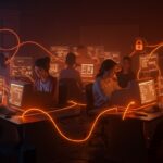 Comunidades digitales auténticas inspiradas en IRC mostrando interacciones seguras y colaborativas en un entorno tecnológico.