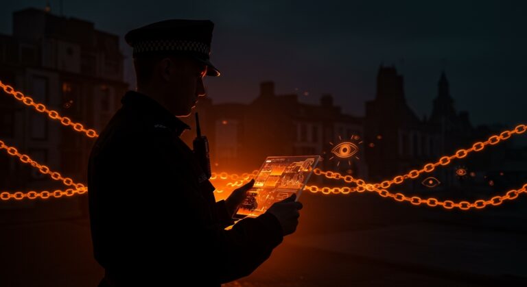 Policía irlandés con tecnología de spyware en un entorno urbano, simbolizando vigilancia y privacidad bajo ley estricta.