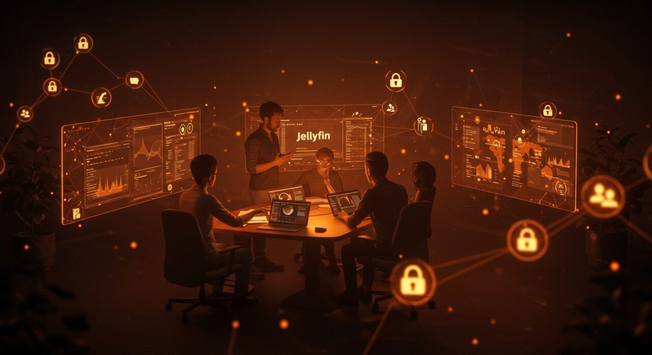 Colaboración de founders en entorno tecnológico destacando Jellyfin, software open source y claves SaaS para servidores multimedia seguros y multiplataforma.