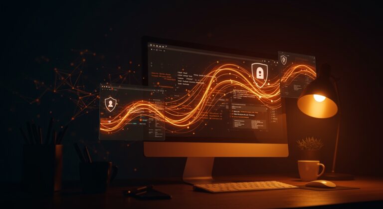 Automatización y privacidad en navegadores web con configuración open source representada por interfaces digitales y símbolos de protección en tonos naranja y negro.