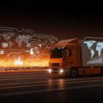 Camión autónomo avanzando en carretera futurista simbolizando la alianza estratégica de Kodiak y Bosch en tecnología automotriz.