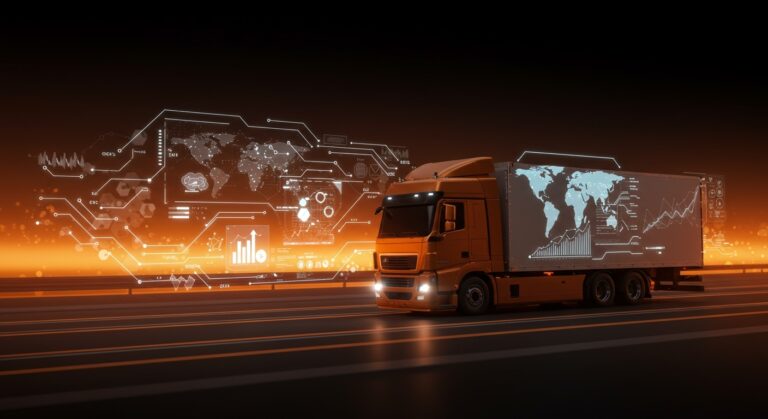 Camión autónomo avanzando en carretera futurista simbolizando la alianza estratégica de Kodiak y Bosch en tecnología automotriz.