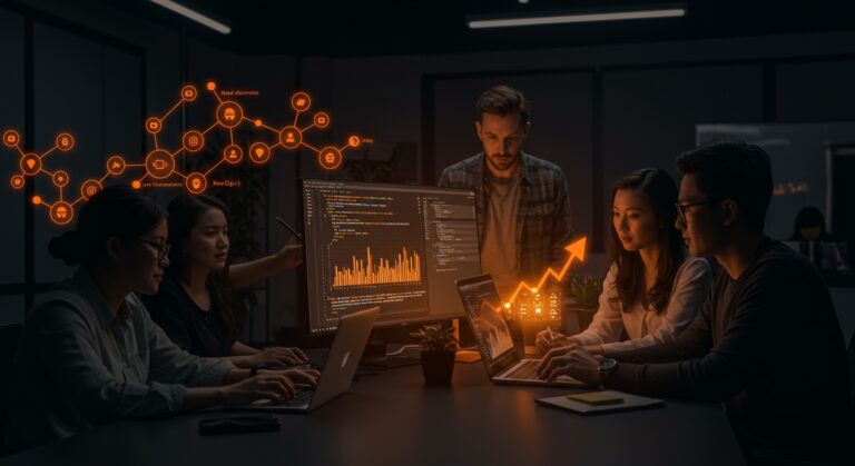 Equipo global de talento tech colaborando en una plataforma open-source de facturación con enfoque en Ruby y RevOps, destacando comunidad y crecimiento en startups.