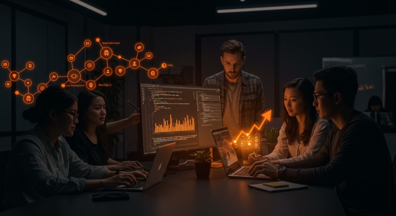 Equipo global de talento tech colaborando en una plataforma open-source de facturación con enfoque en Ruby y RevOps, destacando comunidad y crecimiento en startups.