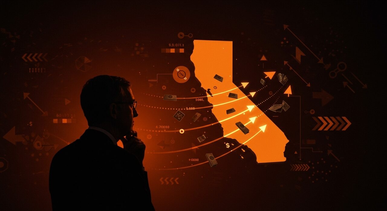 Larry Page gestionando traslado de activos en California ante impuesto a la riqueza, ilustración editorial sobre estrategia empresarial y tendencias del mercado tecnológico.