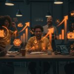 Cohorte de startups de mascotas colaborando en espacio moderno con gráficos digitales, representando mentoría y financiamiento en pet tech.