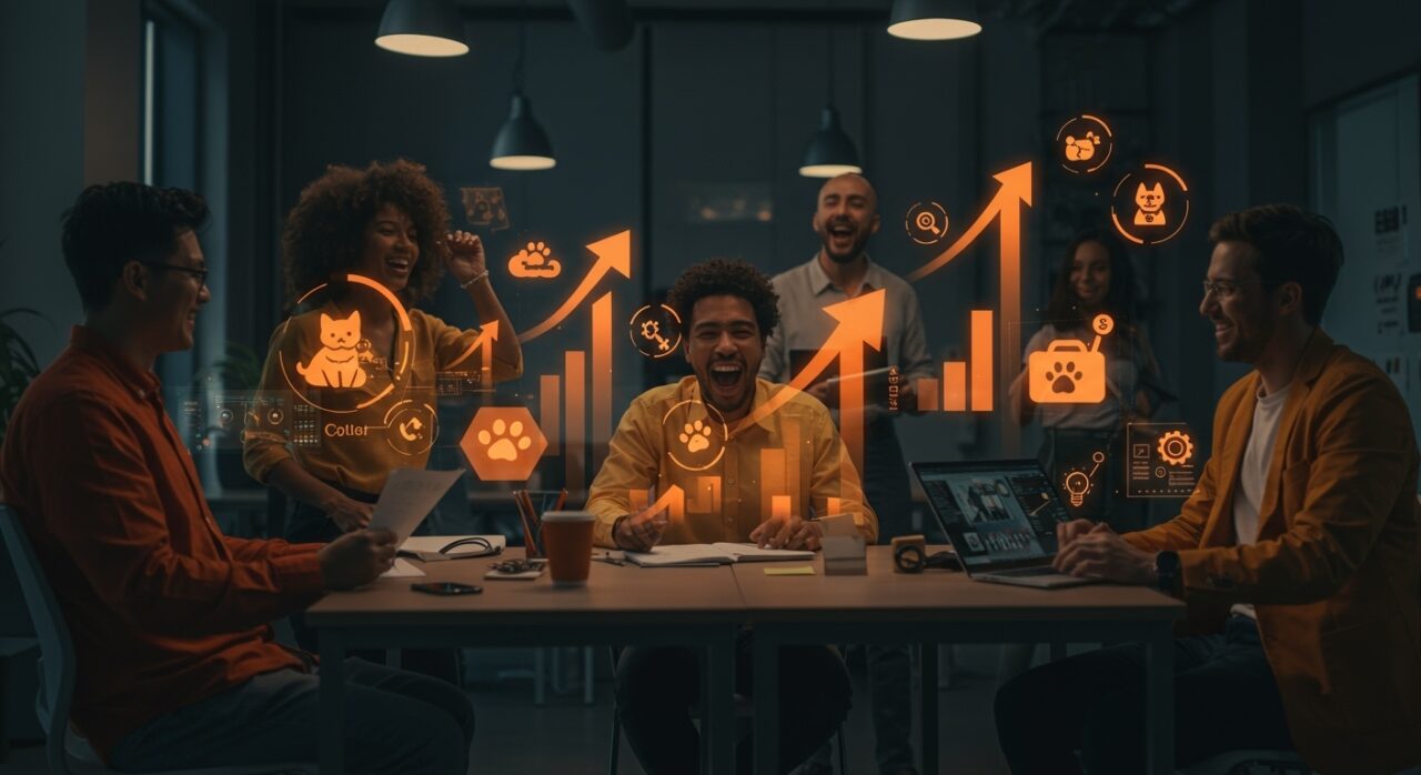 Cohorte de startups de mascotas colaborando en espacio moderno con gráficos digitales, representando mentoría y financiamiento en pet tech.