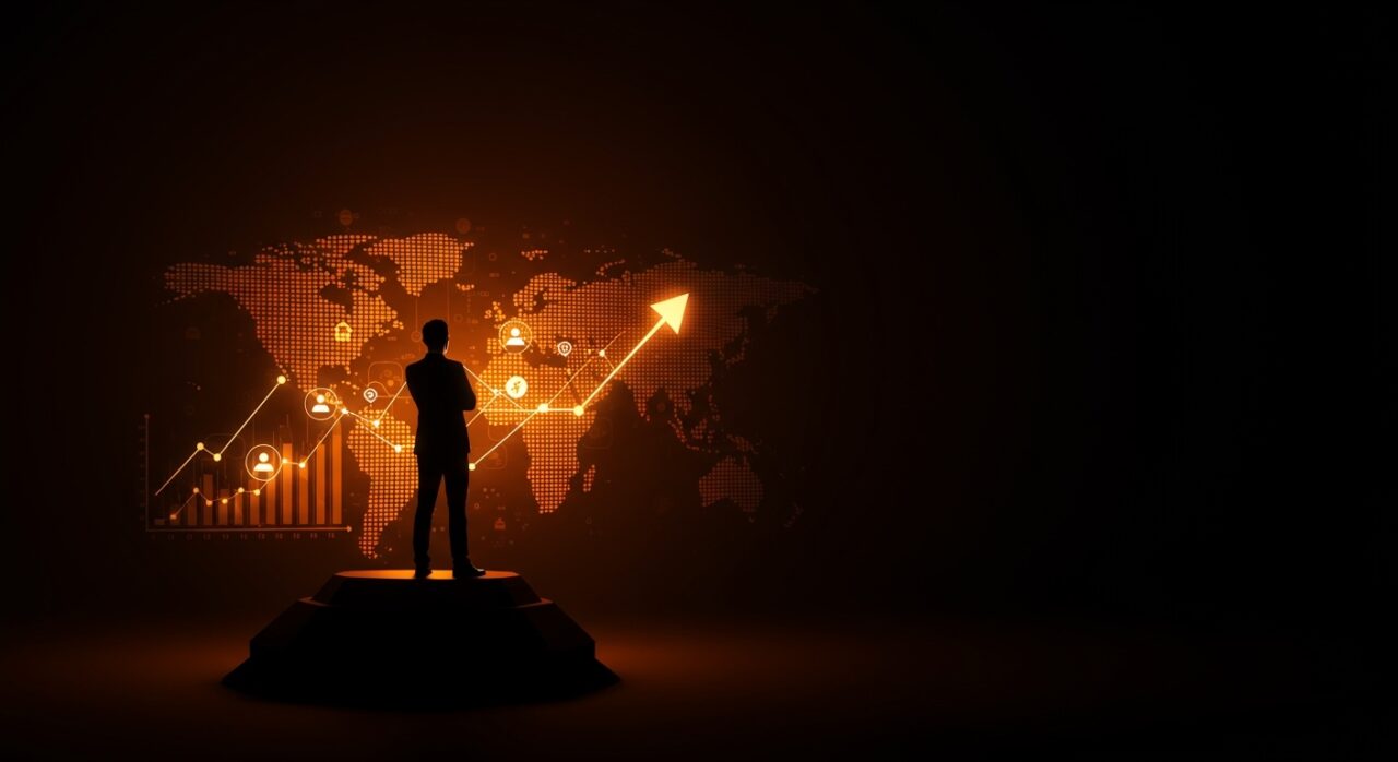 Fabien Pinckaers CEO de Odoo frente a un mapa digital global iluminado, simbolizando crecimiento y expansión SaaS con cultura organizacional y modelo open core.