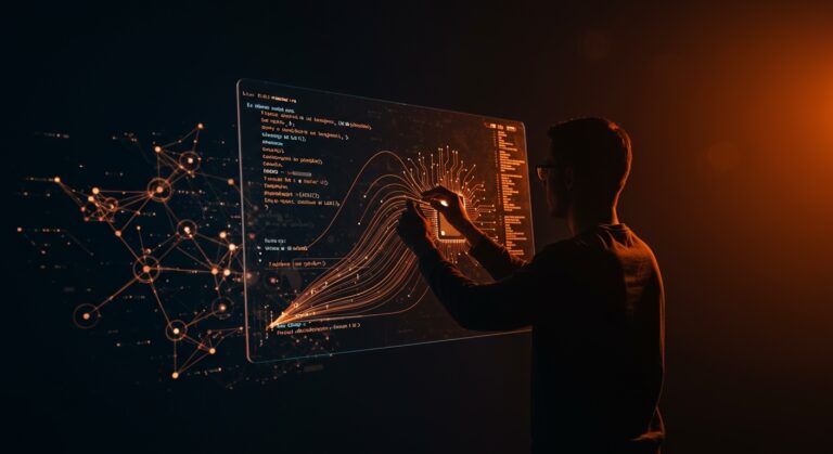 Lenguaje de programación optimizado para IA avanzada y LLMs, mostrando un fundador tech trabajando en automatización y software asistido por inteligencia artificial.
