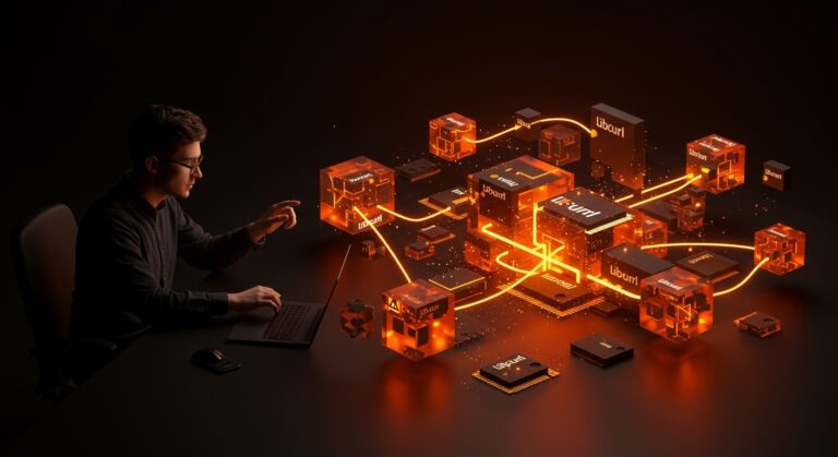 Optimización de memoria y rendimiento en libcurl visualizada mediante un desarrollador analizando datos de red sobre un fondo con paleta naranja y negro de Ecosistema Startup.