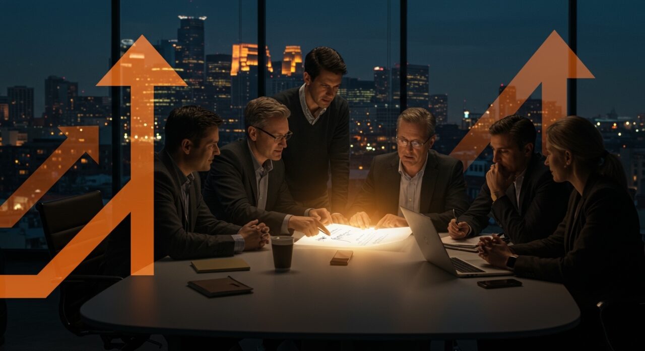 Líderes empresariales colaborando para promover cooperación y estabilidad en Minnesota, impulsando el crecimiento de negocios y startups.