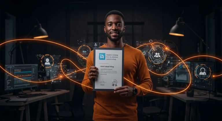 Fundador tech sosteniendo certificado oficial de vibe coding de LinkedIn, representando validación de habilidades y nuevas oportunidades en tecnología.