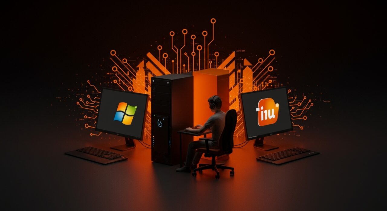 Comparativa visual entre Linux y Windows para gaming, destacando software libre y desafíos tecnológicos en sistemas operativos.