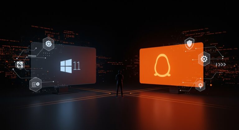 Fundador tecnológico considerando migrar de Windows 11 a Linux en un entorno digital que refleja control, seguridad y productividad en startups.