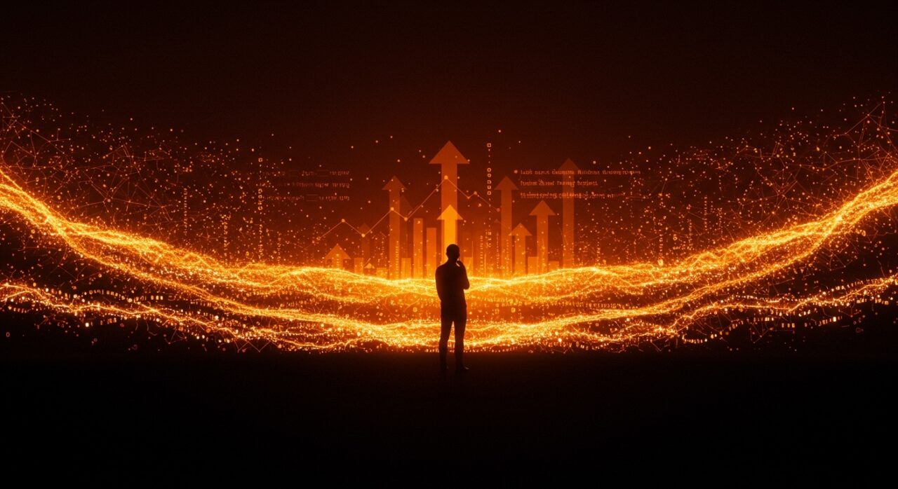 Fundador tecnológico frente a un horizonte digital simbólico de LLMs y confianza en inteligencia artificial dentro del ecosistema startup.