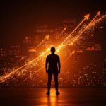 Fundador de startup de inteligencia artificial frente a ciudad digital futurista con redes neuronales que simbolizan la financiación y crecimiento en IA generativa en LATAM.