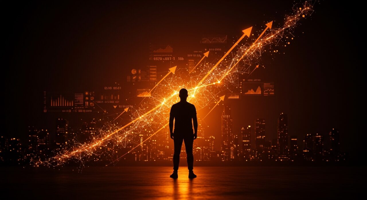 Fundador de startup de inteligencia artificial frente a ciudad digital futurista con redes neuronales que simbolizan la financiación y crecimiento en IA generativa en LATAM.