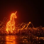 Imagen editorial cinematográfica de unicornio tecnológico simbolizando la valoración de 1.7B dólares de LMArena y el éxito en funding para startups de IA.