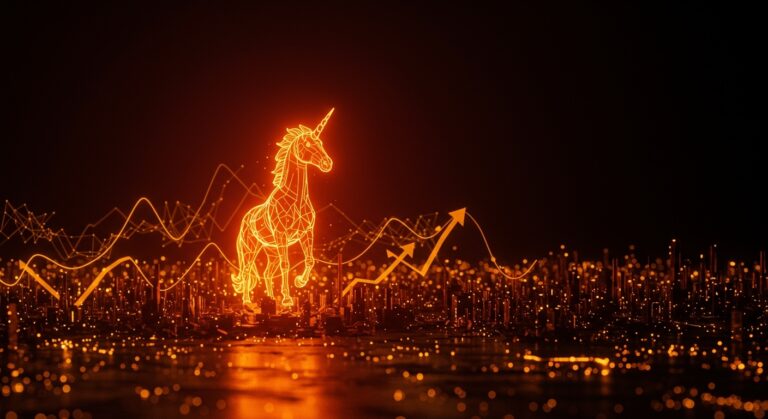 Imagen editorial cinematográfica de unicornio tecnológico simbolizando la valoración de 1.7B dólares de LMArena y el éxito en funding para startups de IA.